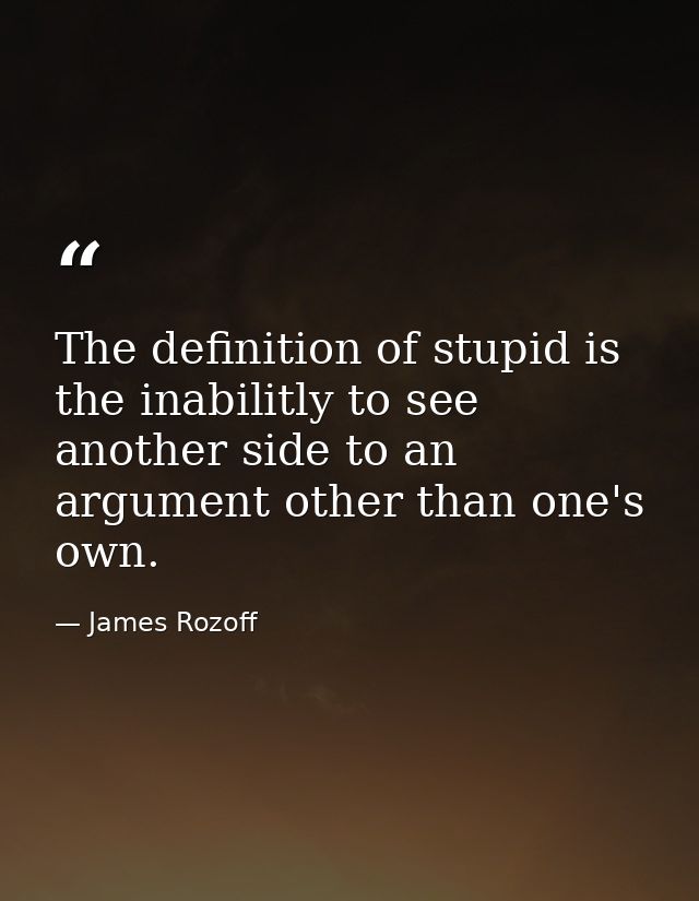 The definition of stupid is the inabilitly to see another side to an argument other than one's own. — James Rozoff