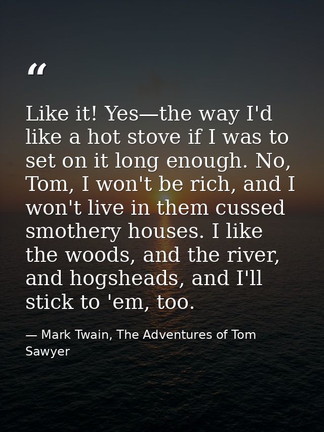 Like it! Yes—the way I'd like a hot stove if I was to set on it long enough. No, Tom, I won't be rich, and I won't live  — Mark Twain, The Adventures of Tom Sawyer