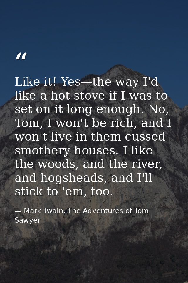 Like it! Yes—the way I'd like a hot stove if I was to set on it long enough. No, Tom, I won't be rich, and I won't live  — Mark Twain, The Adventures of Tom Sawyer