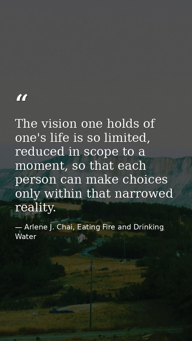 The vision one holds of one's life is so limited, reduced in scope to a moment, so that each person can make choices onl — Arlene J. Chai, Eating Fire and Drinking Water