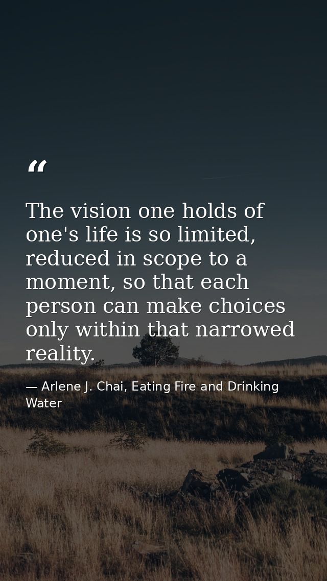 The vision one holds of one's life is so limited, reduced in scope to a moment, so that each person can make choices onl — Arlene J. Chai, Eating Fire and Drinking Water