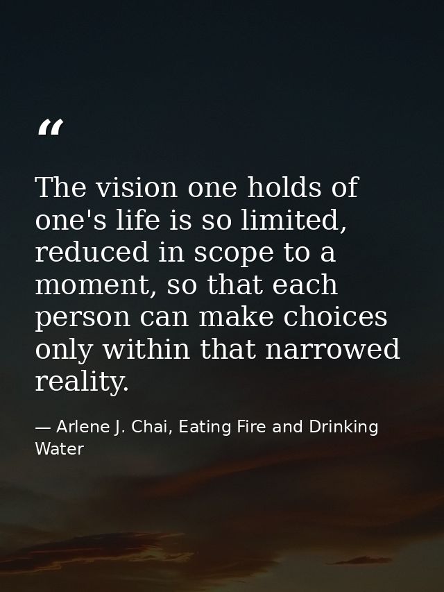 The vision one holds of one's life is so limited, reduced in scope to a moment, so that each person can make choices onl — Arlene J. Chai, Eating Fire and Drinking Water