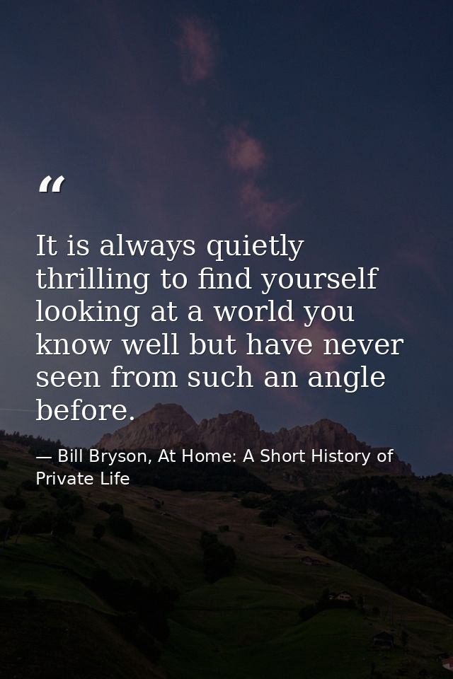 It is always quietly thrilling to find yourself looking at a world you know well but have never seen from such an angle  — Bill Bryson, At Home: A Short History of Private Life
