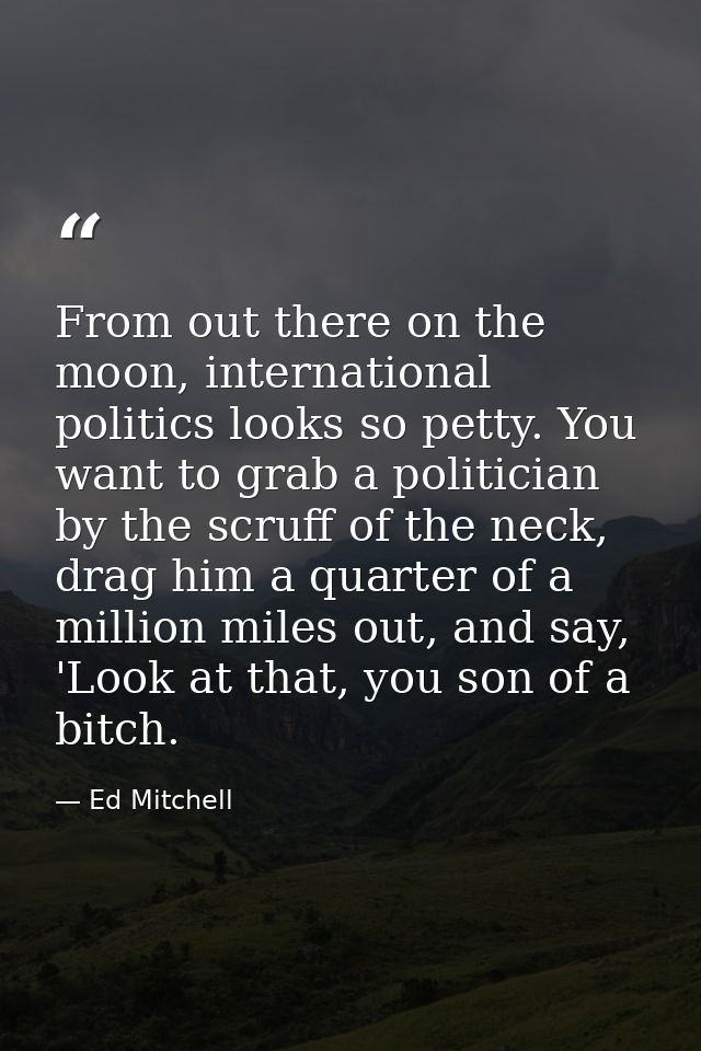 From out there on the moon, international politics looks so petty. You want to grab a politician by the scruff of the ne — Ed Mitchell
