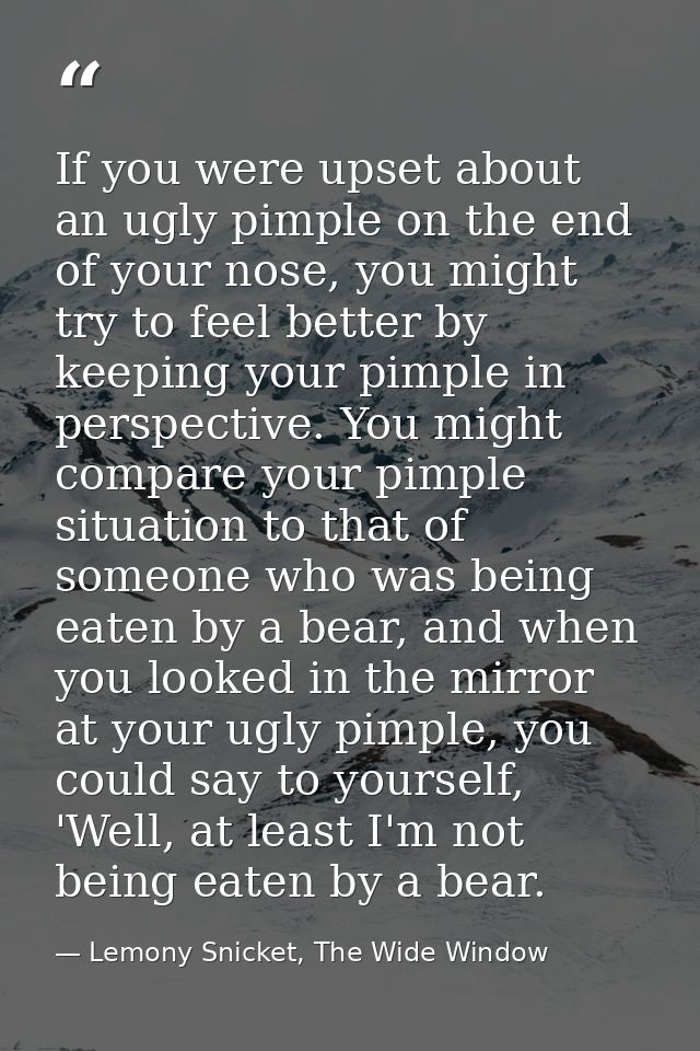 If you were upset about an ugly pimple on the end of your nose, you might try to feel better by keeping your pimple in p — Lemony Snicket, The Wide Window