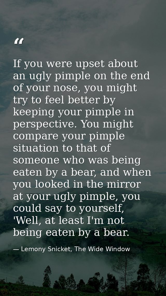 If you were upset about an ugly pimple on the end of your nose, you might try to feel better by keeping your pimple in p — Lemony Snicket, The Wide Window