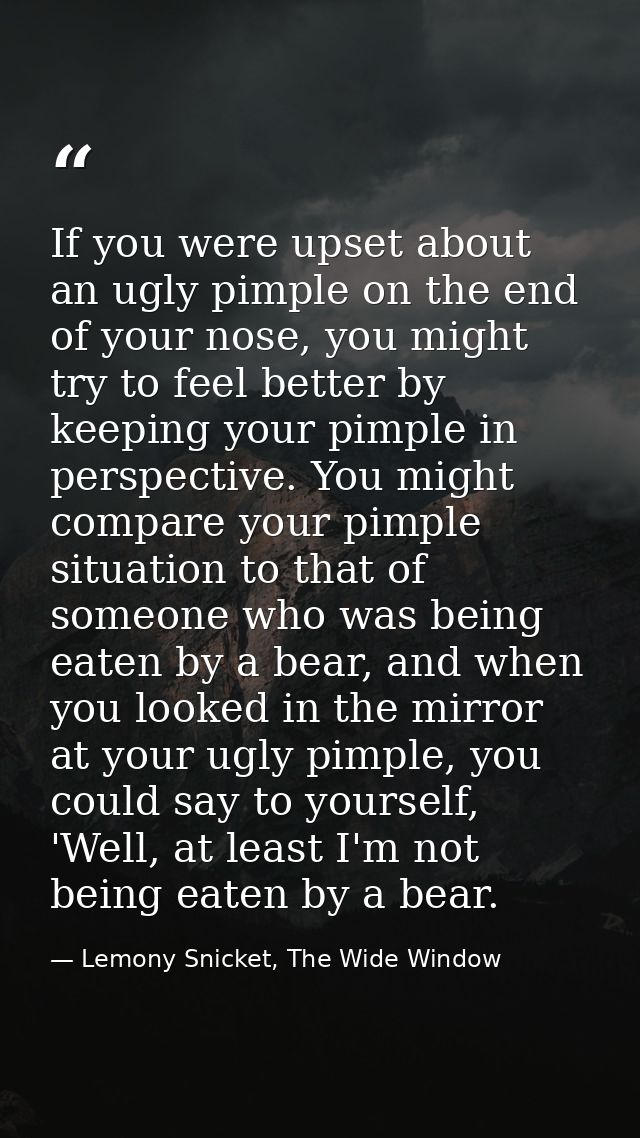 If you were upset about an ugly pimple on the end of your nose, you might try to feel better by keeping your pimple in p — Lemony Snicket, The Wide Window