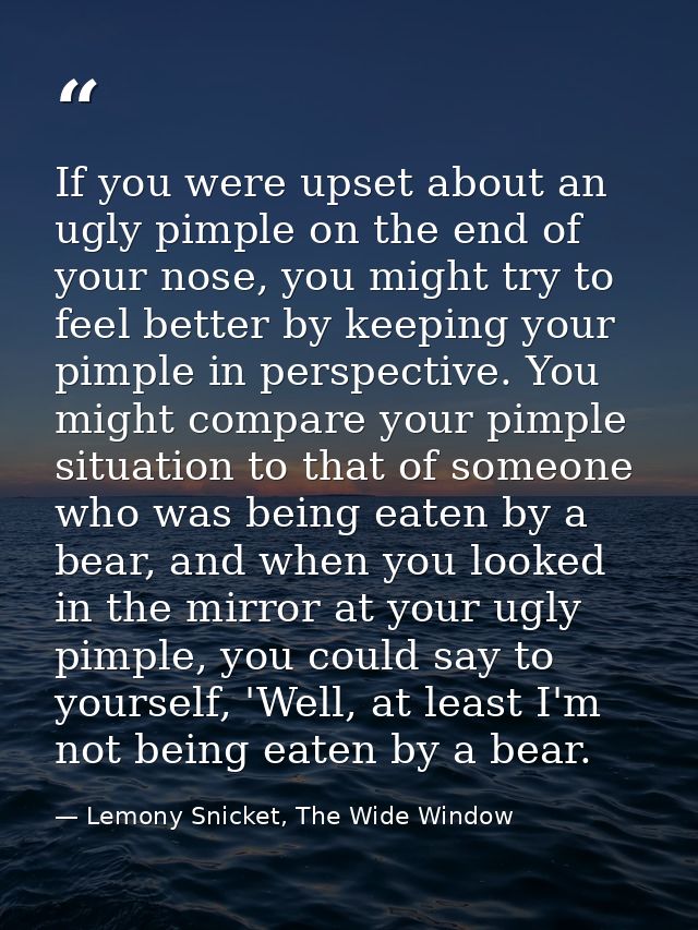 If you were upset about an ugly pimple on the end of your nose, you might try to feel better by keeping your pimple in p — Lemony Snicket, The Wide Window