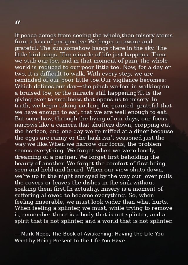If peace comes from seeing the whole,then misery stems from a loss of perspective.We begin so aware and grateful. The su — Mark Nepo, The Book of Awakening: Having the Life You Want by Being Present to the Life You Have