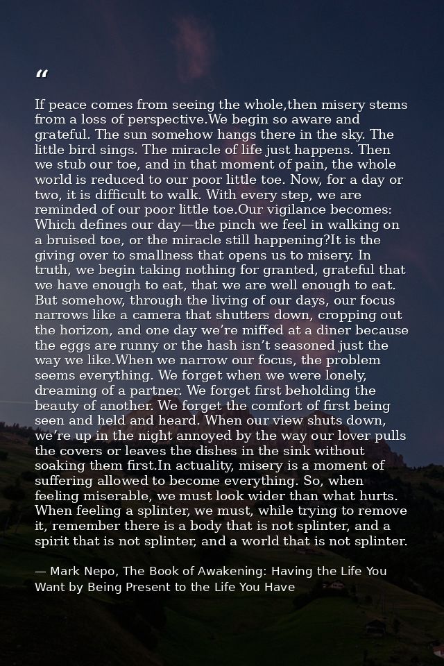 If peace comes from seeing the whole,then misery stems from a loss of perspective.We begin so aware and grateful. The su — Mark Nepo, The Book of Awakening: Having the Life You Want by Being Present to the Life You Have