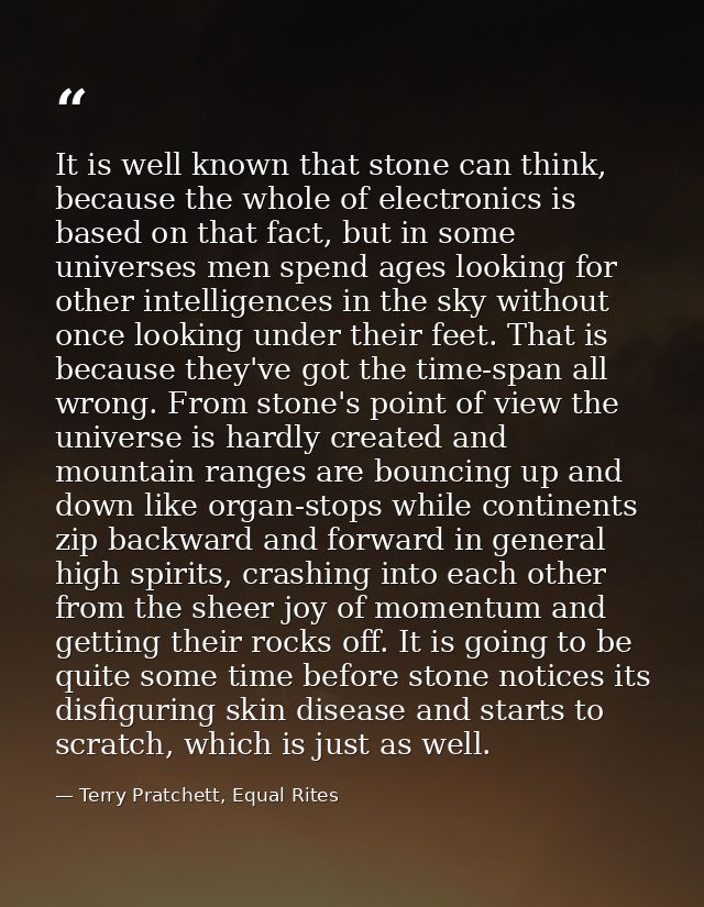 It is well known that stone can think, because the whole of electronics is based on that fact, but in some universes men — Terry Pratchett, Equal Rites