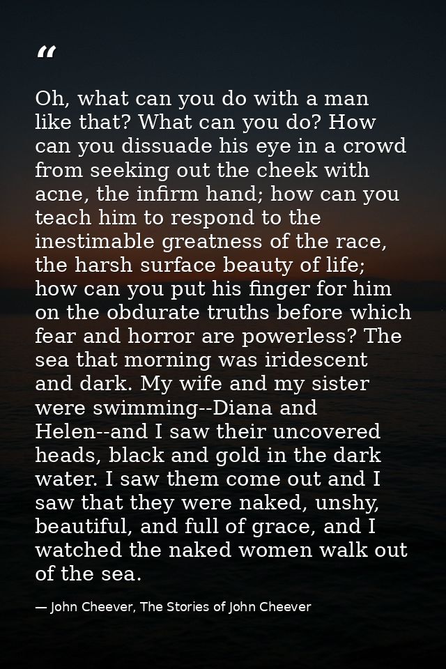 Oh, what can you do with a man like that? What can you do? How can you dissuade his eye in a crowd from seeking out the  — John Cheever, The Stories of John Cheever