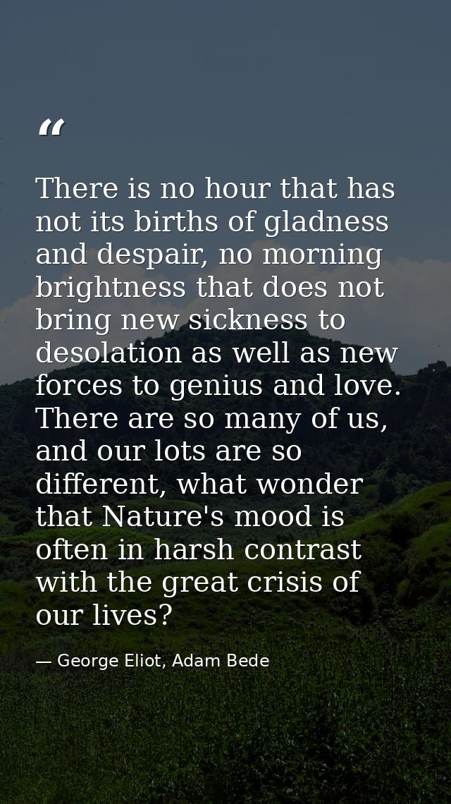 There is no hour that has not its births of gladness and despair, no morning brightness that does not bring new sickness — George Eliot, Adam Bede
