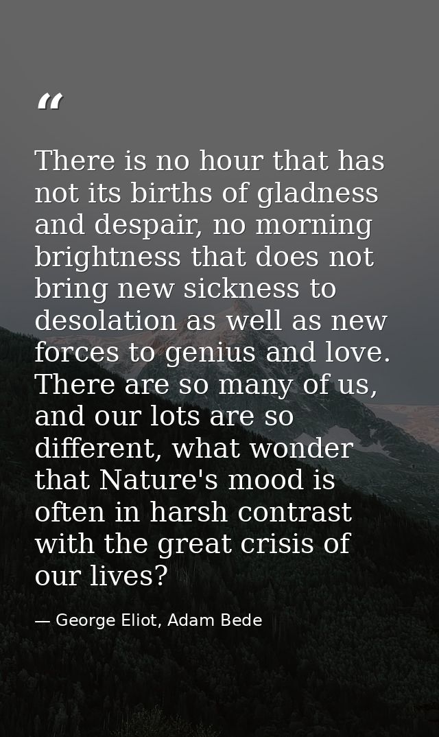 There is no hour that has not its births of gladness and despair, no morning brightness that does not bring new sickness — George Eliot, Adam Bede