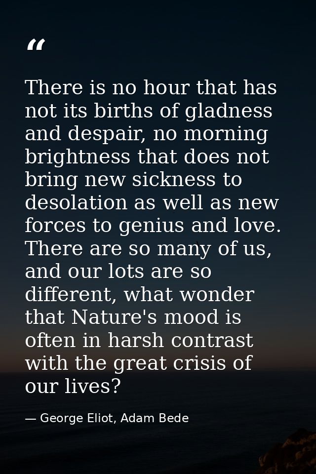 There is no hour that has not its births of gladness and despair, no morning brightness that does not bring new sickness — George Eliot, Adam Bede