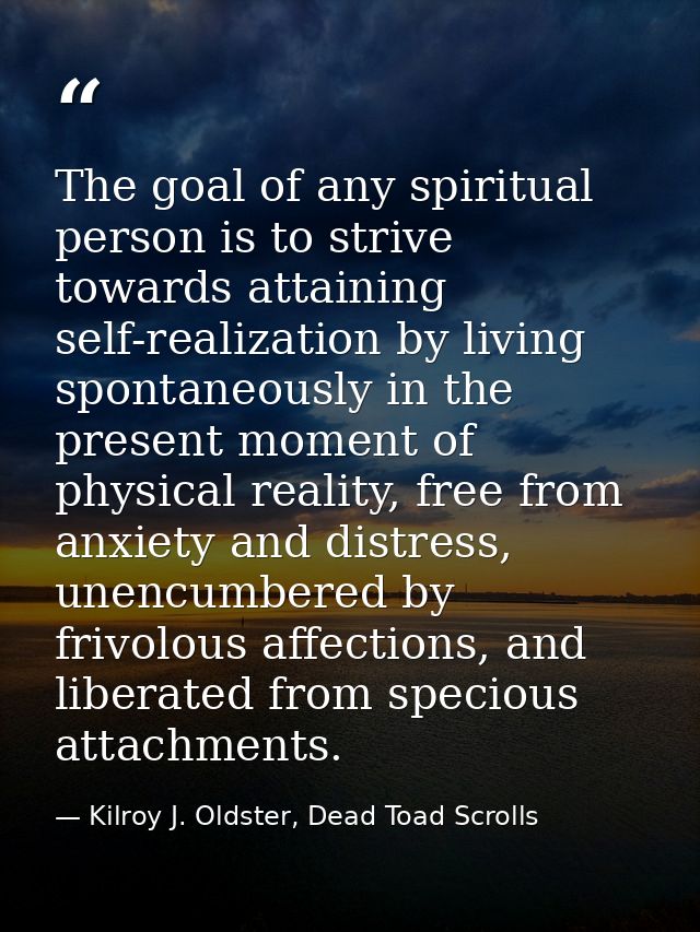 The goal of any spiritual person is to strive towards attaining self-realization by living spontaneously in the present  — Kilroy J. Oldster, Dead Toad Scrolls