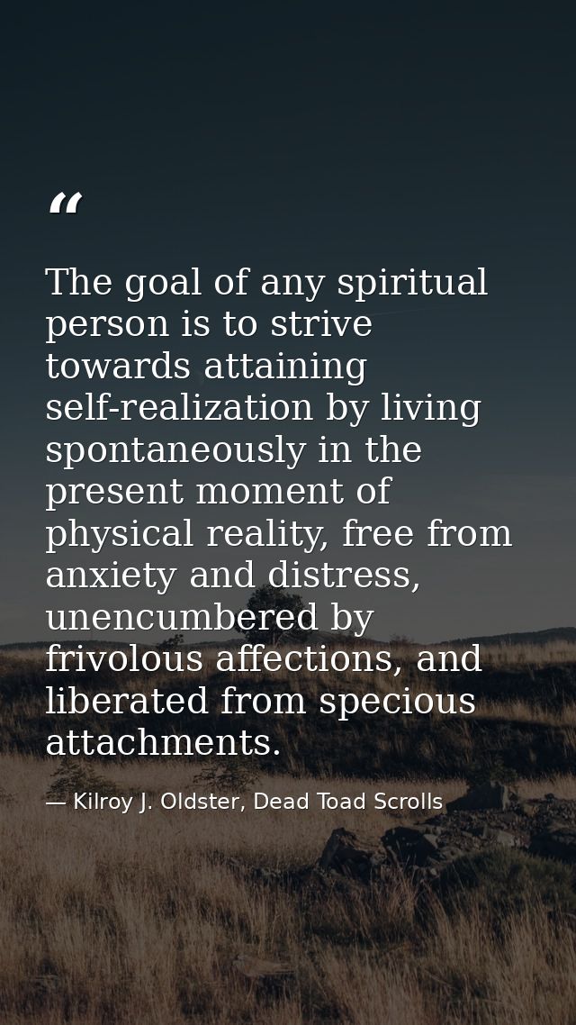 The goal of any spiritual person is to strive towards attaining self-realization by living spontaneously in the present  — Kilroy J. Oldster, Dead Toad Scrolls