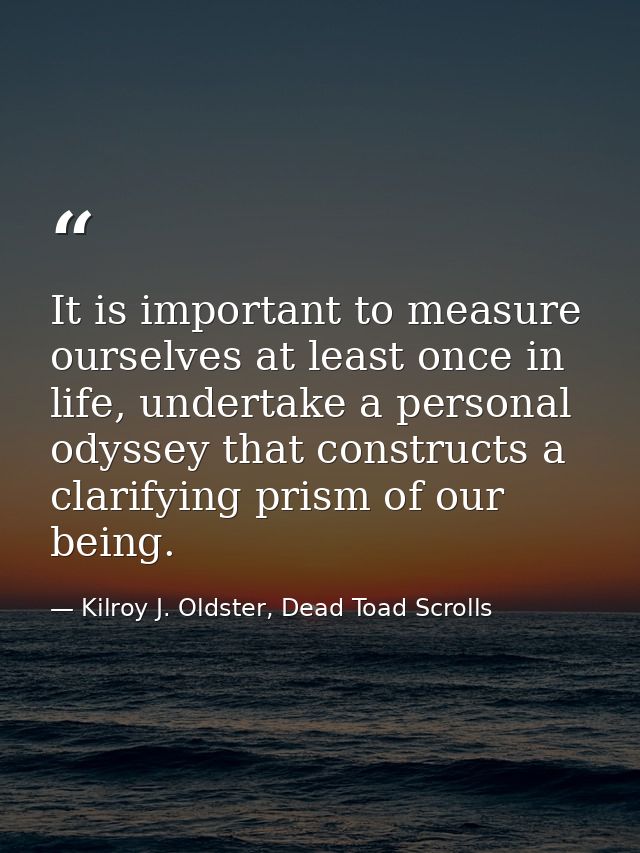 It is important to measure ourselves at least once in life, undertake a personal odyssey that constructs a clarifying pr — Kilroy J. Oldster, Dead Toad Scrolls
