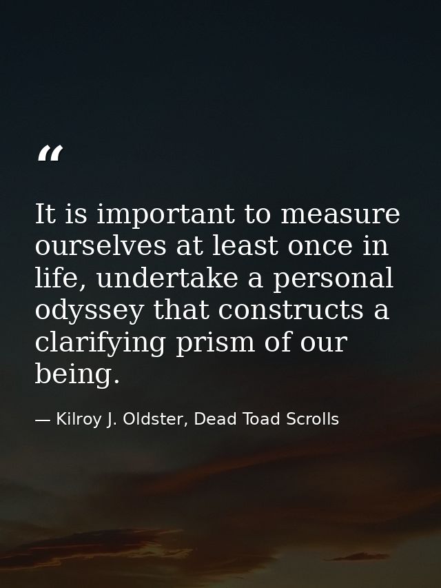 It is important to measure ourselves at least once in life, undertake a personal odyssey that constructs a clarifying pr — Kilroy J. Oldster, Dead Toad Scrolls