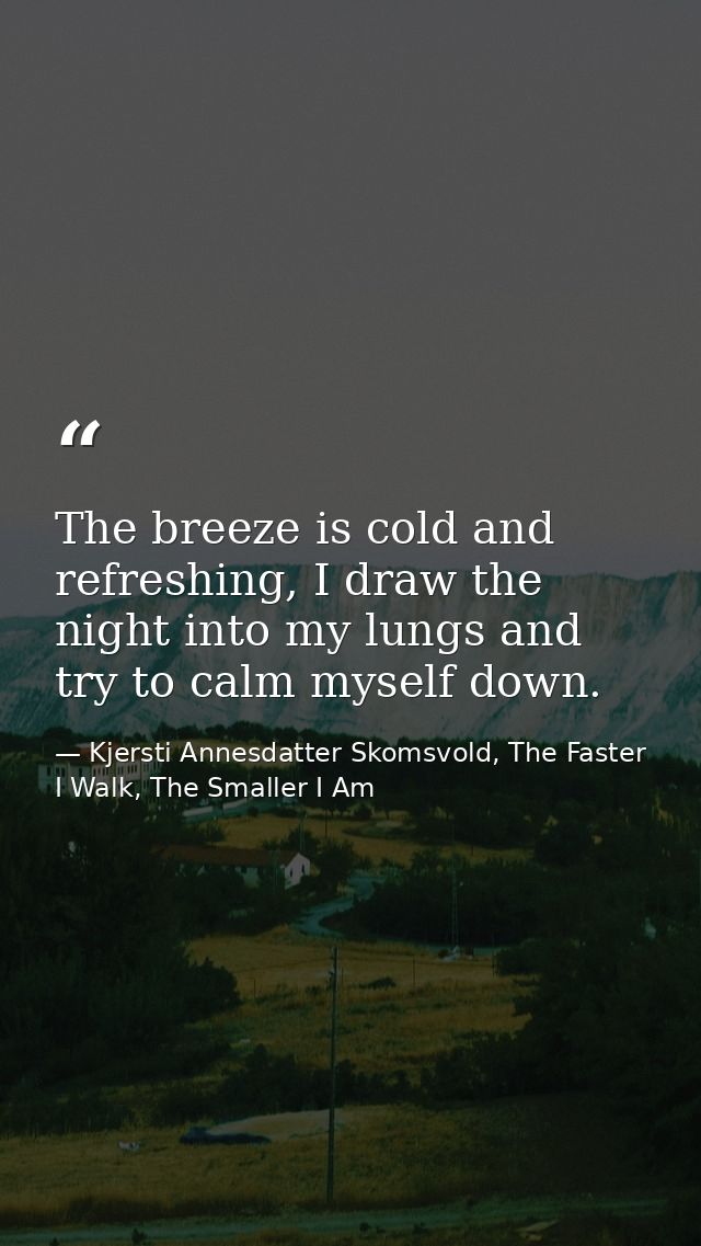 The breeze is cold and refreshing, I draw the night into my lungs and try to calm myself down. — Kjersti Annesdatter Skomsvold, The Faster I Walk, The Smaller I Am