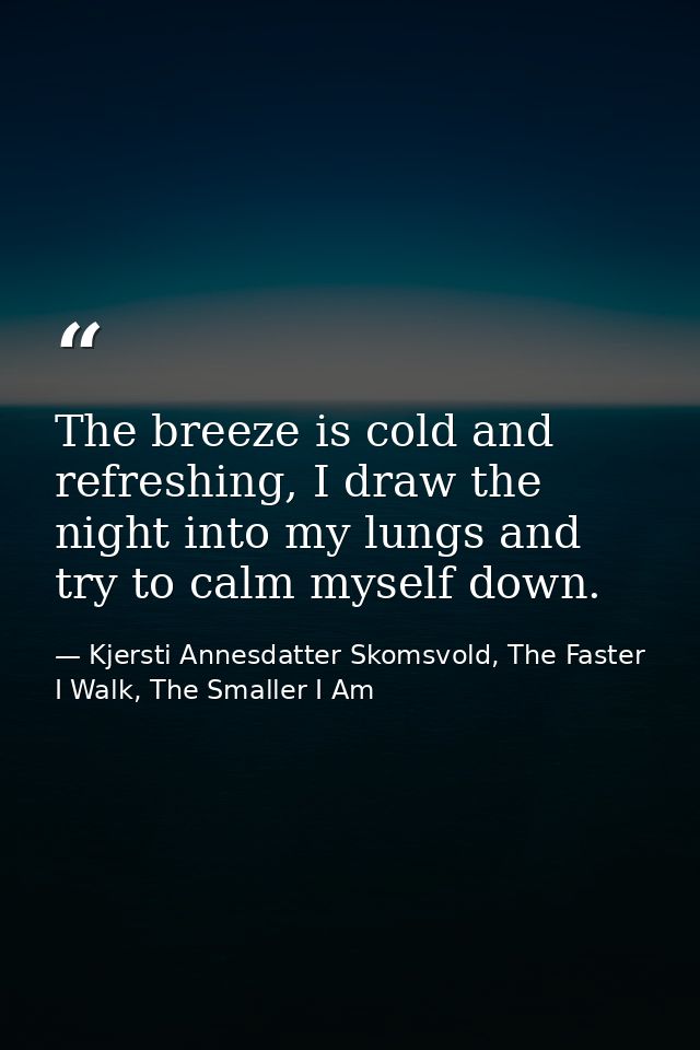 The breeze is cold and refreshing, I draw the night into my lungs and try to calm myself down. — Kjersti Annesdatter Skomsvold, The Faster I Walk, The Smaller I Am