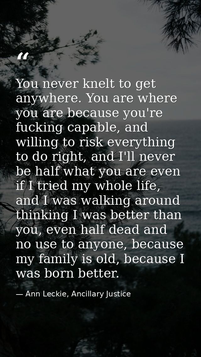 You never knelt to get anywhere. You are where you are because you're fucking capable, and willing to risk everything to — Ann Leckie, Ancillary Justice