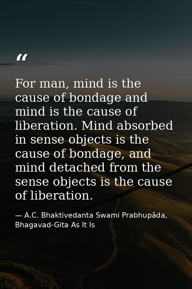 For man, mind is the cause of bondage and mind is the cause of liberation. Mind absorbed in sense objects is the cause o — A.C. Bhaktivedanta Swami Prabhupāda, Bhagavad-Gita As It Is