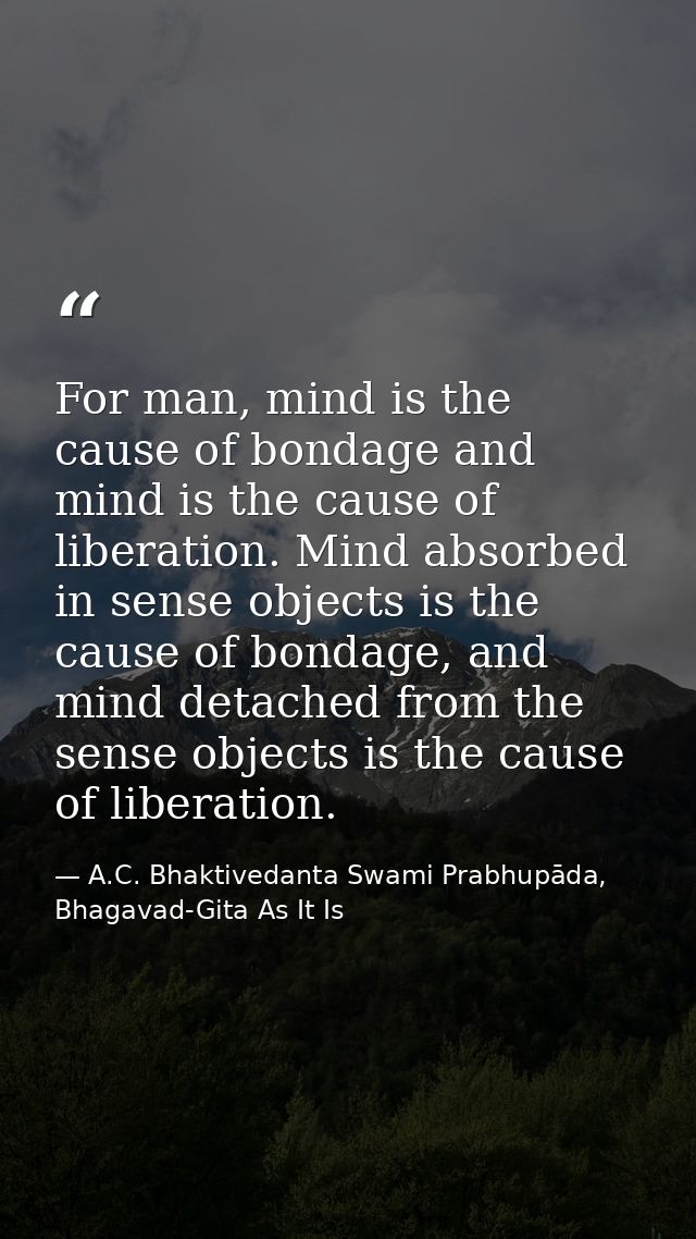 For man, mind is the cause of bondage and mind is the cause of liberation. Mind absorbed in sense objects is the cause o — A.C. Bhaktivedanta Swami Prabhupāda, Bhagavad-Gita As It Is