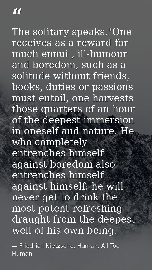 The solitary speaks."One receives as a reward for much ennui , ill-humour and boredom, such as a solitude without friend — Friedrich Nietzsche, Human, All Too Human