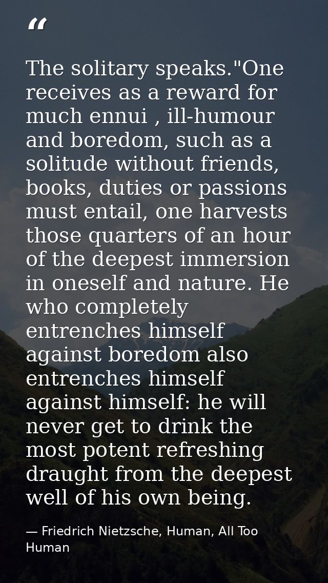 The solitary speaks."One receives as a reward for much ennui , ill-humour and boredom, such as a solitude without friend — Friedrich Nietzsche, Human, All Too Human