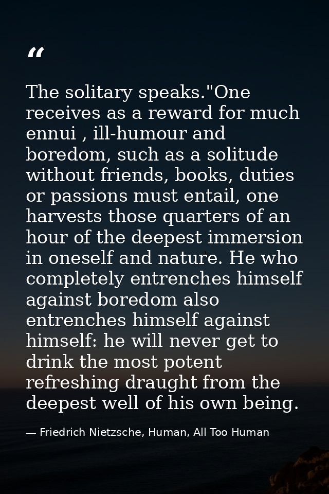 The solitary speaks."One receives as a reward for much ennui , ill-humour and boredom, such as a solitude without friend — Friedrich Nietzsche, Human, All Too Human