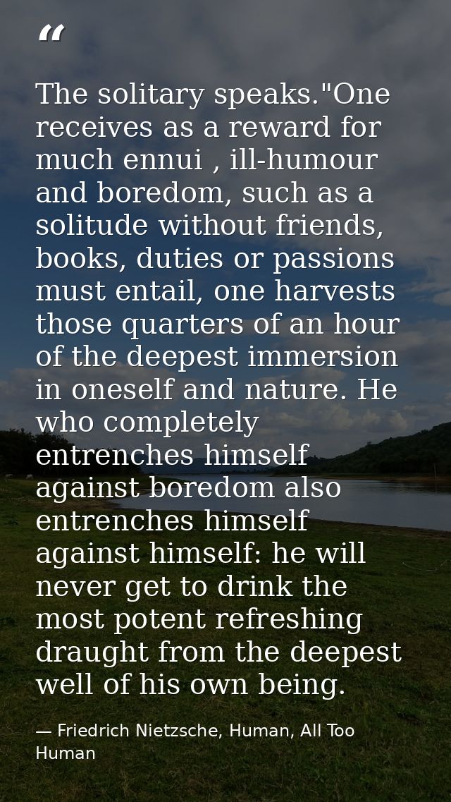 The solitary speaks."One receives as a reward for much ennui , ill-humour and boredom, such as a solitude without friend — Friedrich Nietzsche, Human, All Too Human