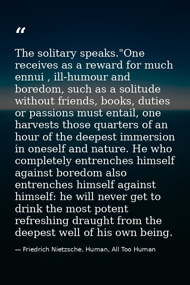 The solitary speaks."One receives as a reward for much ennui , ill-humour and boredom, such as a solitude without friend — Friedrich Nietzsche, Human, All Too Human