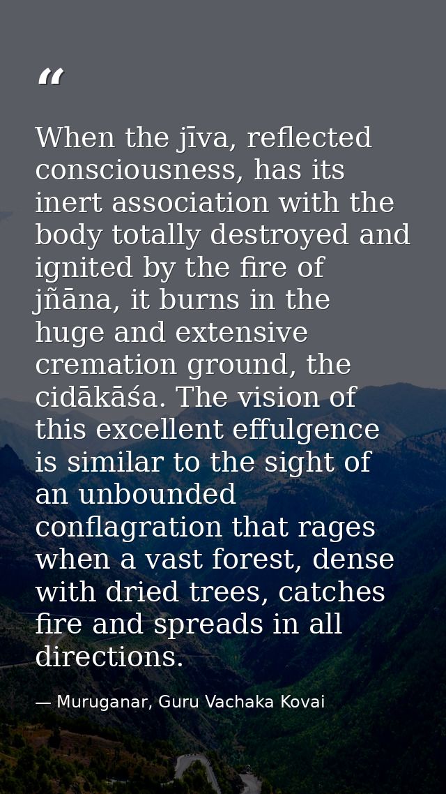 When the jīva, reflected consciousness, has its inert association with the body totally destroyed and ignited by the fir — Muruganar, Guru Vachaka Kovai