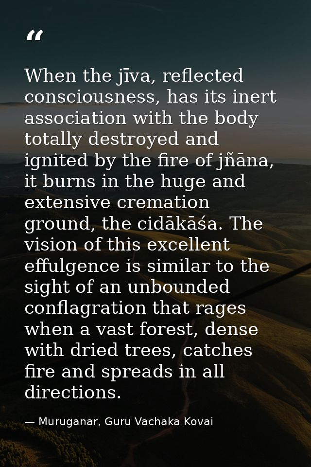 When the jīva, reflected consciousness, has its inert association with the body totally destroyed and ignited by the fir — Muruganar, Guru Vachaka Kovai