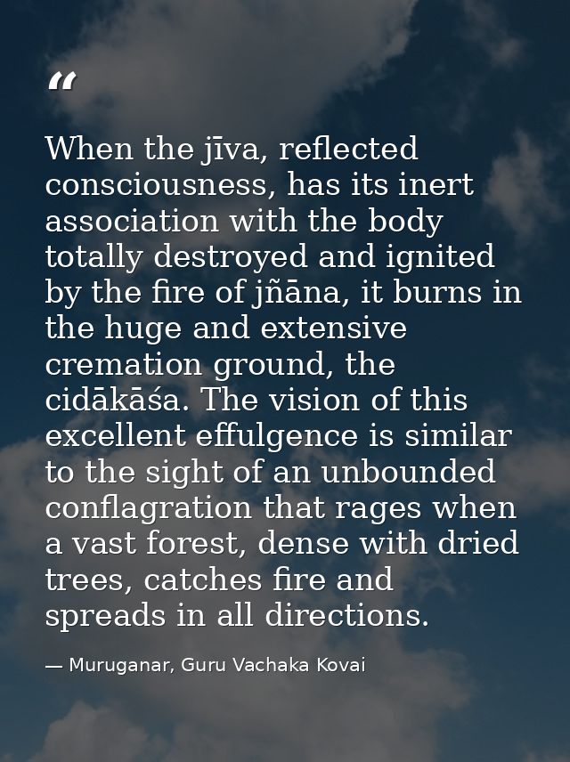 When the jīva, reflected consciousness, has its inert association with the body totally destroyed and ignited by the fir — Muruganar, Guru Vachaka Kovai