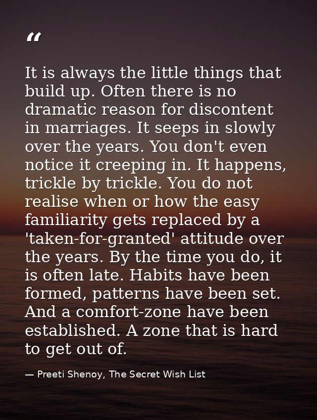 It is always the little things that build up. Often there is no dramatic reason for discontent in marriages. It seeps in — Preeti Shenoy, The Secret Wish List