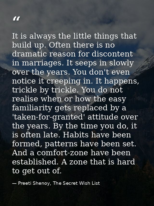 It is always the little things that build up. Often there is no dramatic reason for discontent in marriages. It seeps in — Preeti Shenoy, The Secret Wish List