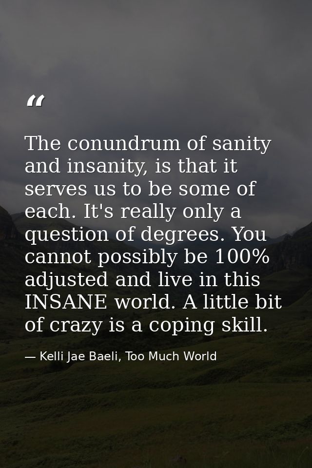 The conundrum of sanity and insanity, is that it serves us to be some of each. It's really only a question of degrees. Y — Kelli Jae Baeli, Too Much World