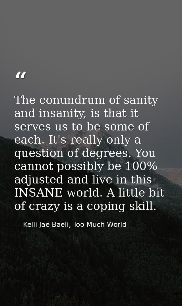 The conundrum of sanity and insanity, is that it serves us to be some of each. It's really only a question of degrees. Y — Kelli Jae Baeli, Too Much World