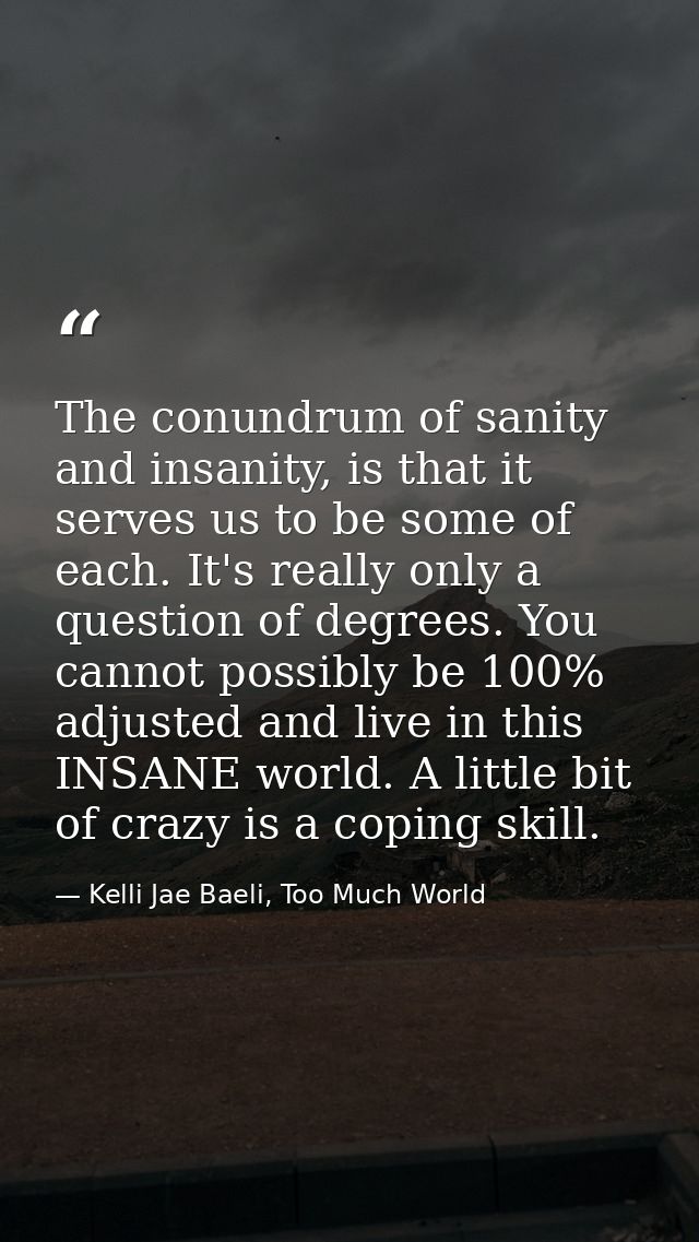 The conundrum of sanity and insanity, is that it serves us to be some of each. It's really only a question of degrees. Y — Kelli Jae Baeli, Too Much World