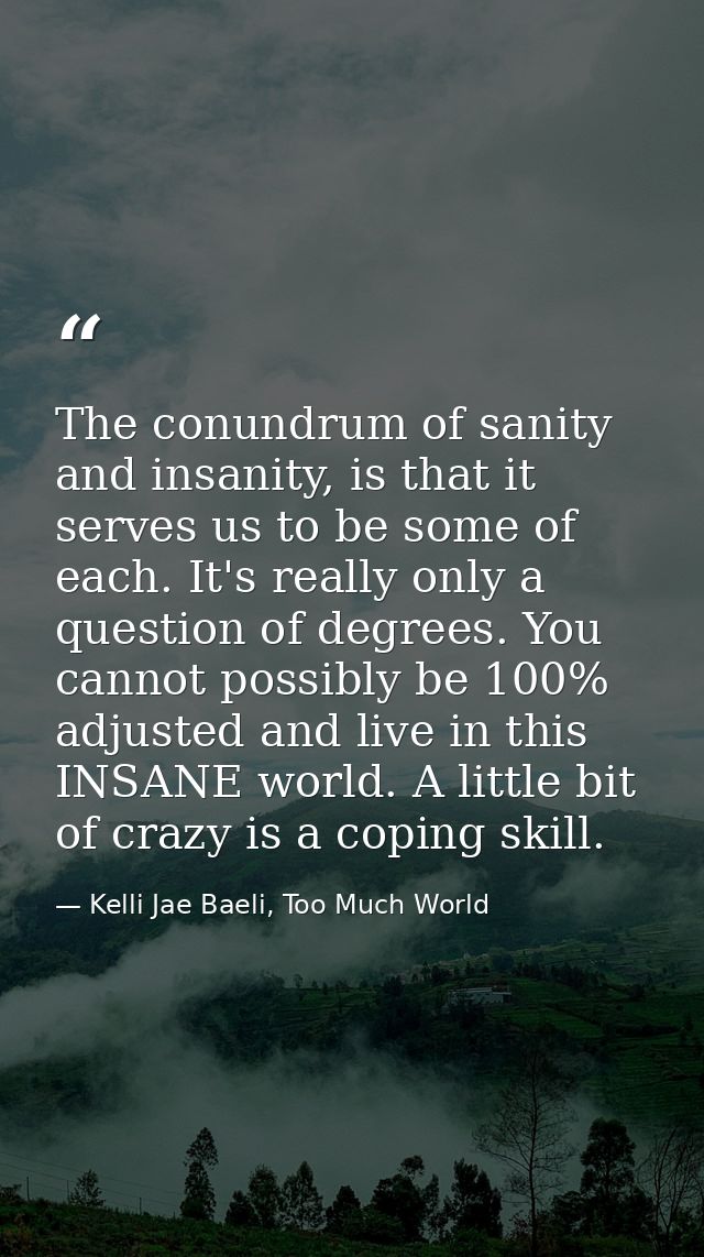 The conundrum of sanity and insanity, is that it serves us to be some of each. It's really only a question of degrees. Y — Kelli Jae Baeli, Too Much World