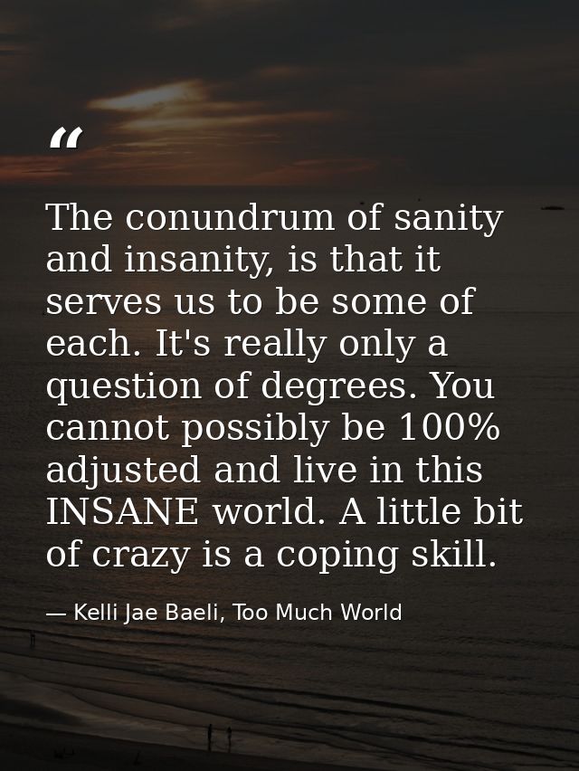 The conundrum of sanity and insanity, is that it serves us to be some of each. It's really only a question of degrees. Y — Kelli Jae Baeli, Too Much World