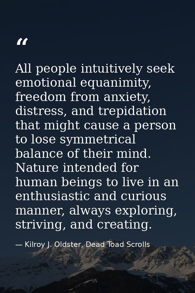 All people intuitively seek emotional equanimity, freedom from anxiety, distress, and trepidation that might cause a per — Kilroy J. Oldster, Dead Toad Scrolls