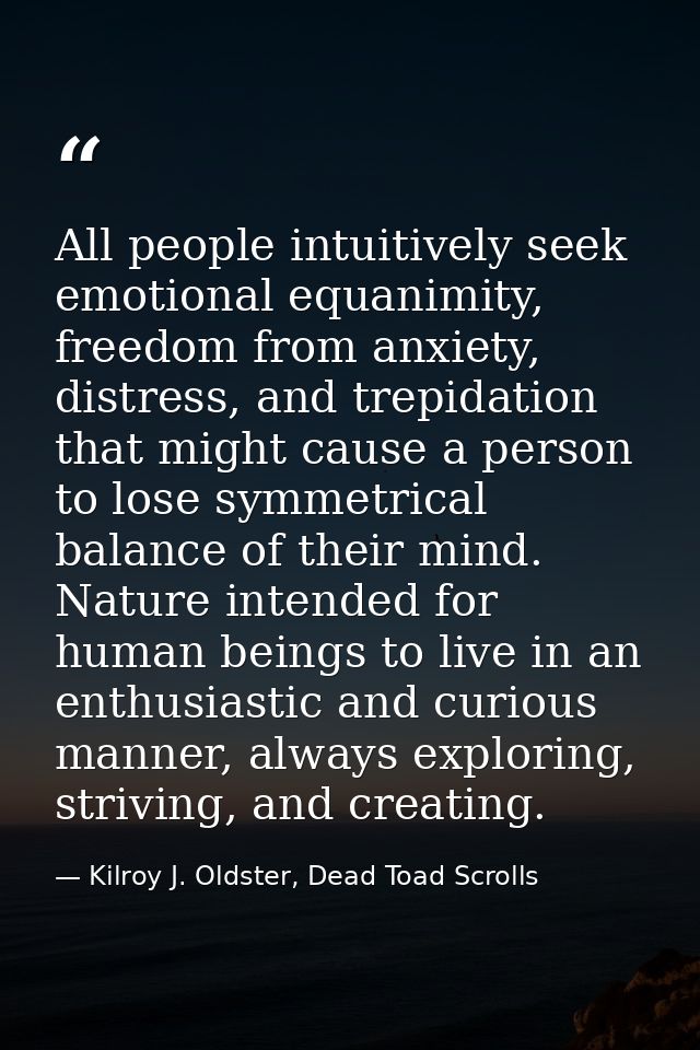 All people intuitively seek emotional equanimity, freedom from anxiety, distress, and trepidation that might cause a per — Kilroy J. Oldster, Dead Toad Scrolls