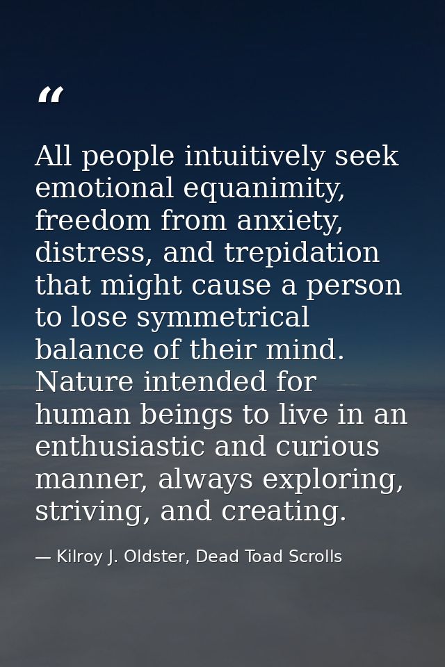 All people intuitively seek emotional equanimity, freedom from anxiety, distress, and trepidation that might cause a per — Kilroy J. Oldster, Dead Toad Scrolls