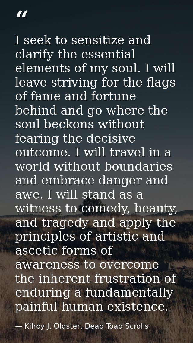 I seek to sensitize and clarify the essential elements of my soul. I will leave striving for the flags of fame and fortu — Kilroy J. Oldster, Dead Toad Scrolls