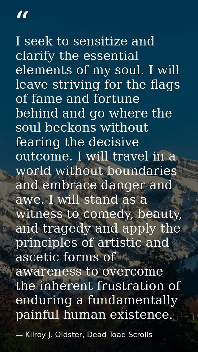 I seek to sensitize and clarify the essential elements of my soul. I will leave striving for the flags of fame and fortu — Kilroy J. Oldster, Dead Toad Scrolls