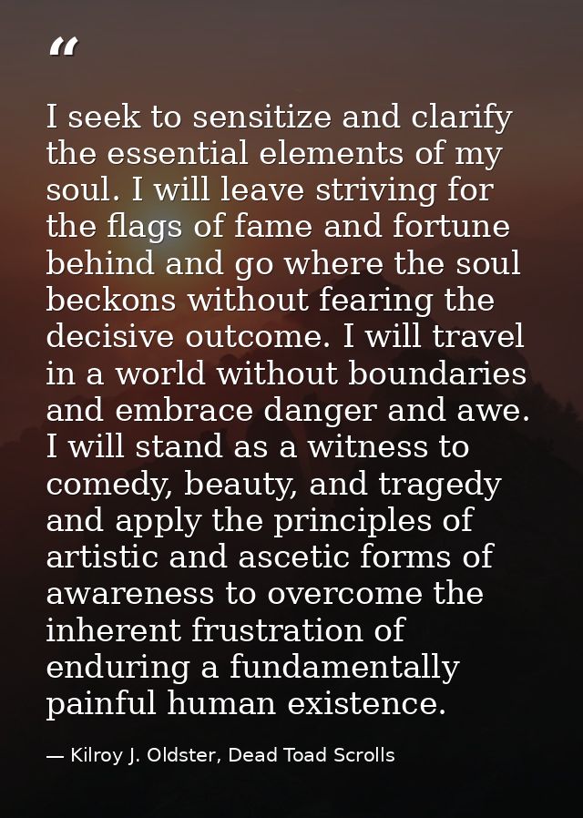 I seek to sensitize and clarify the essential elements of my soul. I will leave striving for the flags of fame and fortu — Kilroy J. Oldster, Dead Toad Scrolls
