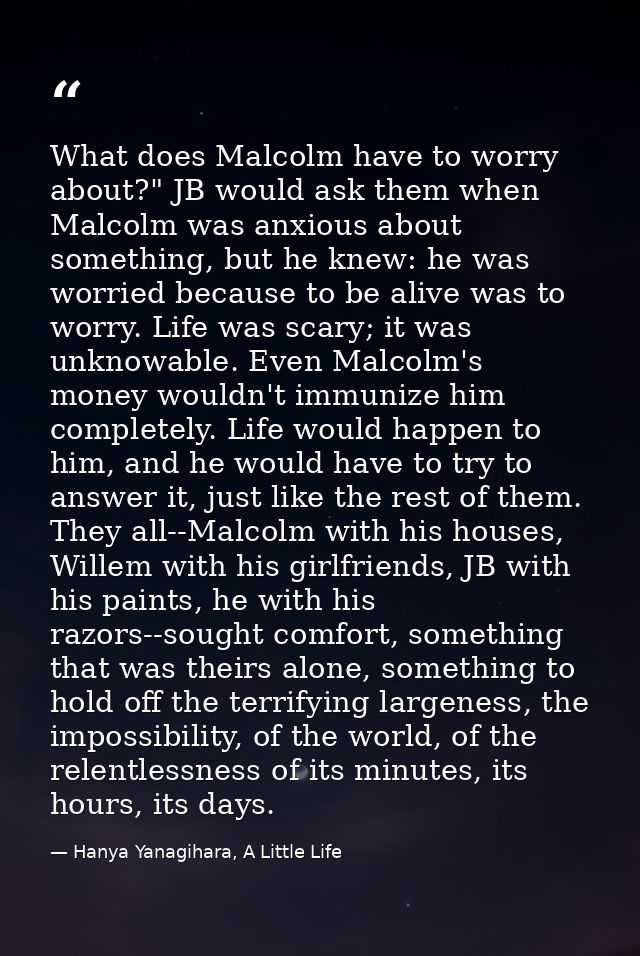 What does Malcolm have to worry about?" JB would ask them when Malcolm was anxious about something, but he knew: he was  — Hanya Yanagihara, A Little Life